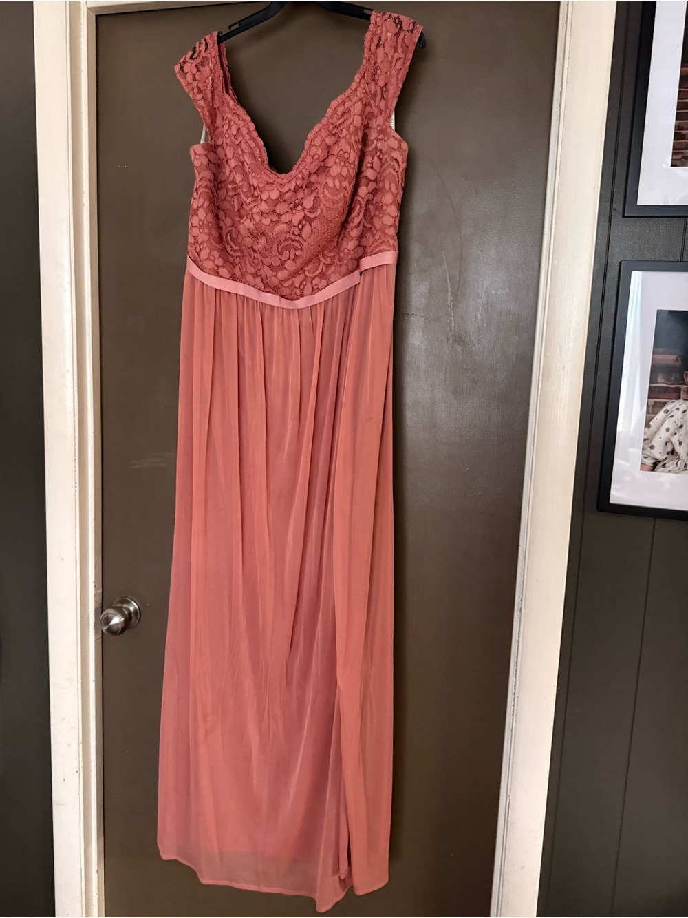 David's Bridal Dusty Coral Lace & Chiffon Maxi Dress